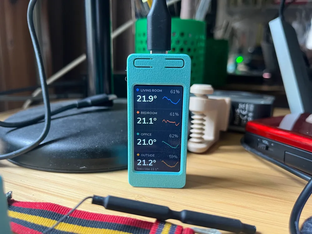 a eps32 with display in a 3d printed case displaying the temperature and humidity of four locations around a house